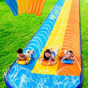 Tobogán Acuático Triple 6.9 Metros Con Bodyboards Para Niños Azul Amarillo Naranja