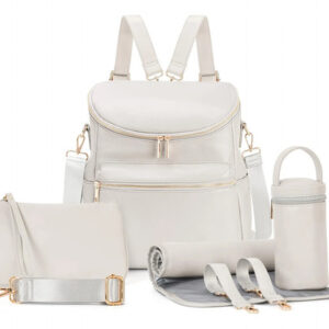 Mochila Para Pañales De Piel Organizador Cambiador Elegante Blanco Perla