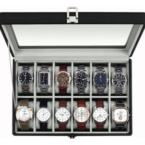 Caja Organizadora De Relojes Negro 12 Compartimentos Cuero P Negro