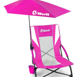 Silla De Playa Baja Rosada Con Portavasos Y Sombrilla 4 Kg Rosado Y Blanco