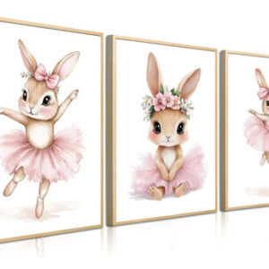 Pósteres De Guardería Rosa Juego De 3 Con Conejitos Infantil