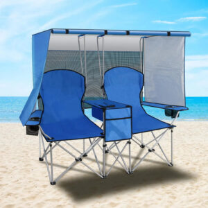 Silla De Camping Doble Plegable Con Toldo Y Bolsa Enfriadora Azul