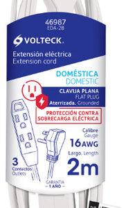 Extensión Aterrizada 2 M, Clavija Plana, Volteck 46987 Color Blanco