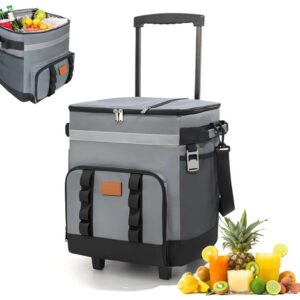 Hielera Portátil De 35l Con Ruedas Y Mango Aislada Impermeab Gris