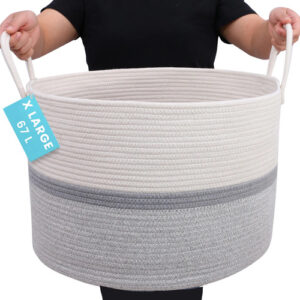 Cesta Grande Tejida Redonda Para Ropa Y Juguetes 50x33 Cm Rayado Gris