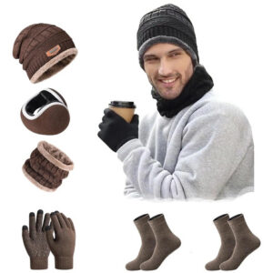 Set De 6 Piezas Bufanda Gorro Guantes Invierno Cálidos Marró Marrón Diseño De La Tela Talla