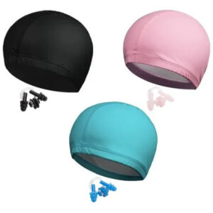 Gorros De Natación Elásticos 3 Piezas Con Tapones Y Pinzas Negro Y Azul Y Rosa Diseño De La Tela Talla