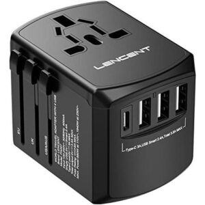 Lencent Adaptador Enchufe De Viaje Universal Cargador Internacional De 3 Puertos Usba Y 1 Usbc Para Más De 200 Países Enchufe Tipo A/c/g/i Ee. Uu./ue/reino Unido/aus Negro