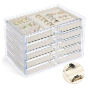 Organizador Acrílico Para Joyas Con 5 Cajones Elegante Beige Grande - Blanco