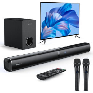 Barra De Sonido 2.1 Con Subwoofer Y 2 Micrófonos Karaoke Negro Frecuencia