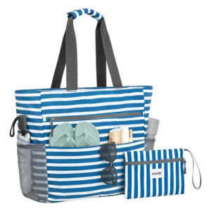 Bolsa De Playa Impermeable 50l Plegable Gran Capacidad Adult Rayas Azul Marino Diseño De La Tela Acabado De Los Herrajes Color De La Correa De Hombro