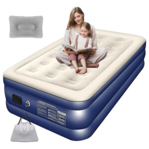 Colchón De Aire Individual Con Bomba Inalámbrica Y Almohada Beige Y Azul