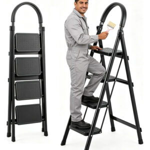 Escalera Plegable 4 Escalones Antideslizante 300 Libras Negr Negro-4 Niveles