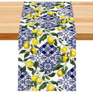 Camino De Mesa Lino 33x183 Cm Azul Y Limón Decoración Casual