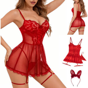 Conjunto De Lencería De Encaje Rojo 3 Piezas Para Mujer Xl