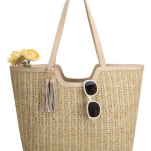Bolso Tote De Playa Paja Mujer Grande Con Asas De Cuero Beige Diseño De La Tela Acabado De Los Herrajes Color De La Correa De Hombro