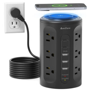 Regleta Torre Multicontacto 12 Tomas 5 Usb Cargador Inalámbr Negro