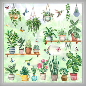 Calcomanía Decorativa Para Ventana Plantas Macetas Flores Tr Multi