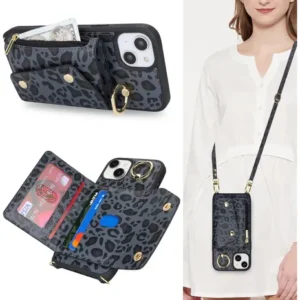 Funda Para iPhone 13 Con Portacréditos Y Correa Cruzada A-black Leopard Nombre Del Diseño
