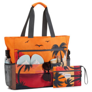 Bolsa De Playa Grande Impermeable Para Mujer Con Compartimen Sunset Print Diseño De La Tela Acabado De Los Herrajes Color De La Correa De Hombro