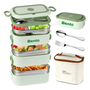 Lonchera Bento 3 Capas 2400 Ml Hermética Con Cubiertos Y Bol
