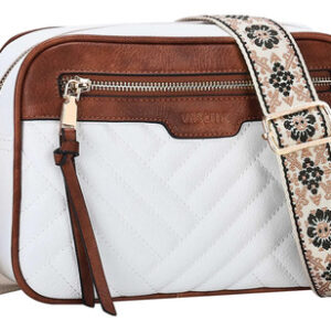 Bolso Crossbody Mujer Cuero Vegano Diseño Chevron Beige Beige Diseño De La Tela Acabado De Los Herrajes Color De La Correa De Hombro