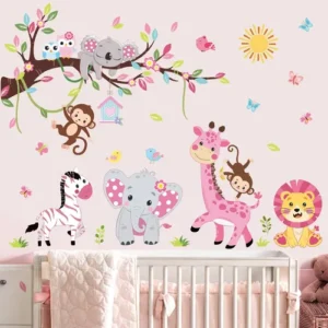 Calcomanías De Pared Animales Rosados Elefante Jirafa Habita Multi