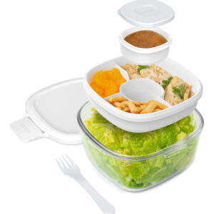 Ensaladera De Vidrio 7.6 Tazas Con Tapa Hermética Y 4 Compar