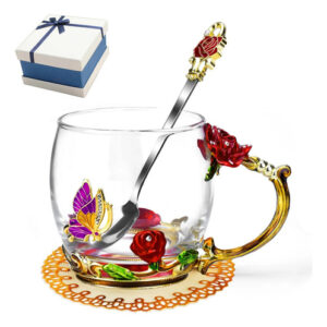 Juego De Tazas De Vidrio Con Cuchara Diseño Mariposa Rosa 2