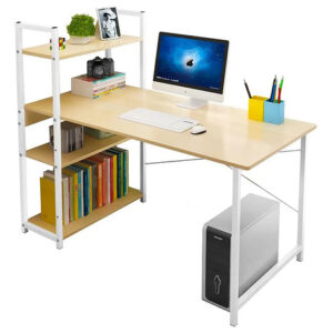 Escritorio Minimalista Con Estante De 3 Niveles Beige Claro