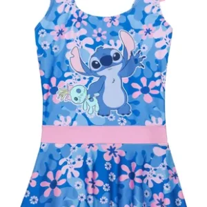 Traje De Baño Para Niñas Una Pieza Floral Sin Mangas Azul