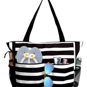 Bolsa De Playa Grande Impermeable Con Cremallera 45l Mujer A Rayas Blancas Y Negras Diseño De La Tela Acabado De Los Herrajes Color De La Correa De Hombro