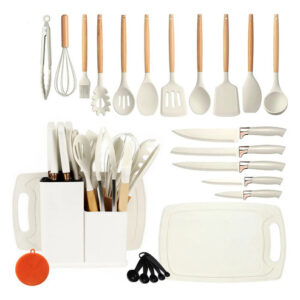 Juego De 25 Utensilios De Cocina Silicona Y Madera Apto Lava Beige
