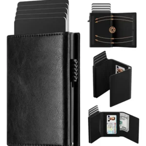 Tarjetero De Cuero Hombre Rfid Plegable Con Cierre Magnético Negro Diseño De La Tela