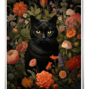 Póster Gato Negro Flores Botánicas Decoración Gótica 41x31 C