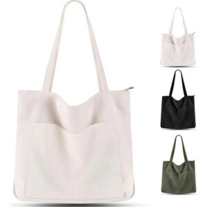 Bolso Tote De Pana Grande Para Mujer Con Cremallera Y Bolsil Blanco
