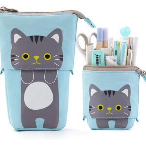 Estuche De Lápices Azul Lindo Gato Con Asa Cremallera Grande