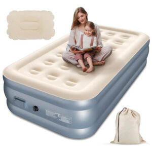 Colchón Inflable Individual Con Bomba Y Almohada 2600 Mah Beige Y Azul Grisáceo